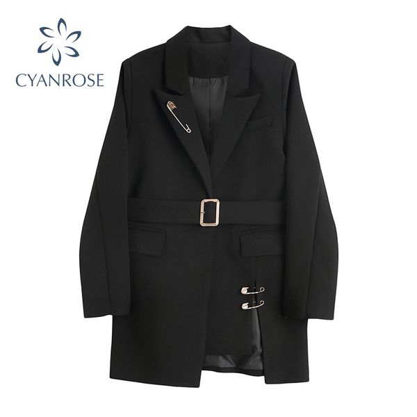 

black blazer women fashion long outwear spring autumn long sleeve casual loose pockets irregular coat female outwear 210417, Black;brown