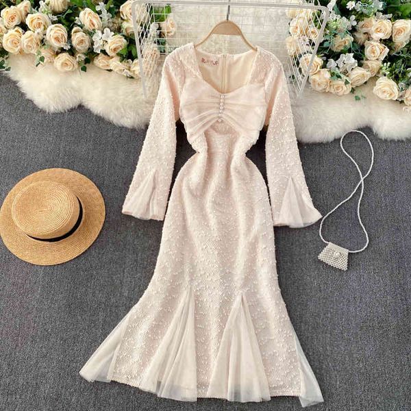 

singreiny design mesh splice mermaid dress women korean elegant solid a-line evening dress autumn fashion streetwear midi dress 210419, Black;gray