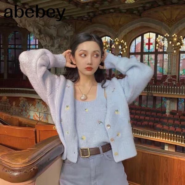 

women's knits & tees 2021 autumn urban casual korean-style wear v-neck slim-fit embroidered flower two-pieces knitted sweater cardigan, White