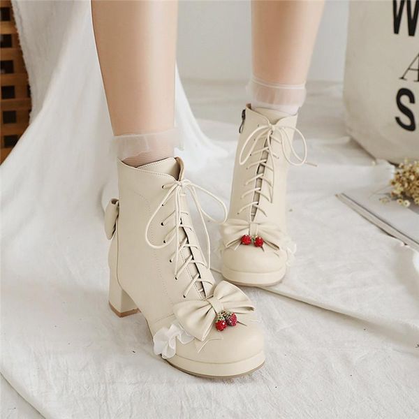 

boots spring fall flat platform bowknot ankle women girl cute butterfly knot shoes thick heel lace-up casual date size 30-48, Black