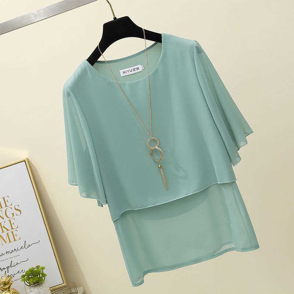 

summer style women loose chiffon blouses shirts lady casual short flare sleeve multi-layer o-neck blusas df2862 210609, White