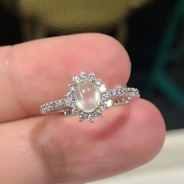 

cluster rings natural white chalcedony ring gem women's s925 sterling silver inlaid -like egg surface jade open mouth, Golden;silver
