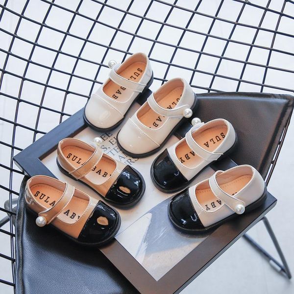 

flat shoes children leather for girls 2021 autumn contrast color pearl princess brand show british style single, Black;grey