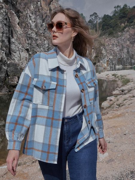 

plus plaid flap pocket button front jacket w7d6#, Black