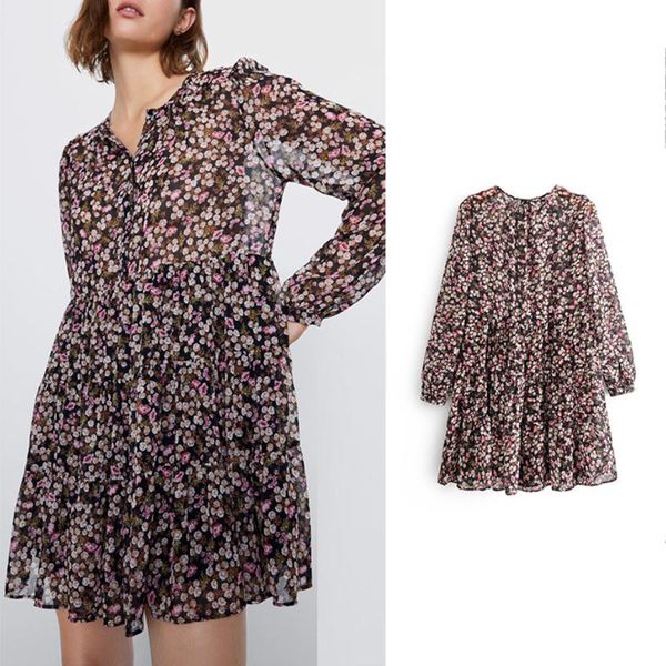 

casual dresses boho style floral print pleated dress long sleeve women mini o neck loose ladies beach sundress ropa mujer summer, Black;gray