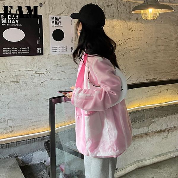 

women's suits & blazers [eam] women pink color both side wear big size blazer lapel long sleeve loose fit jacket fashion spring autumn, White;black