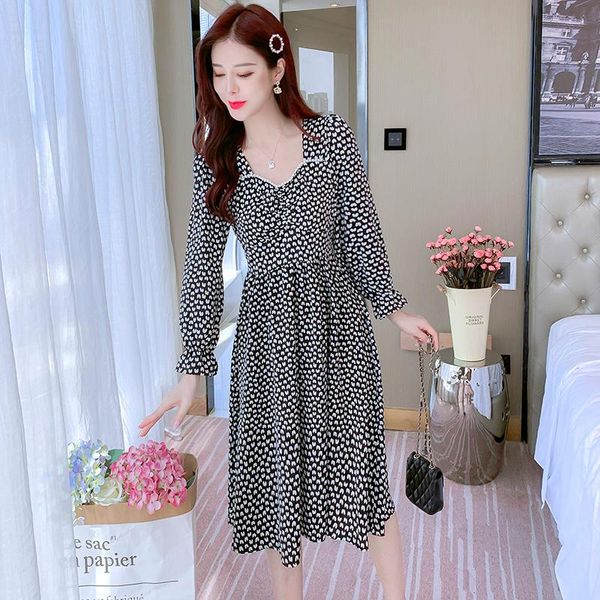 

casual dresses women dress autumn 2021 brief office lady korea style fashion long sleeve floral print chiffon high waist v-neck, Black;gray