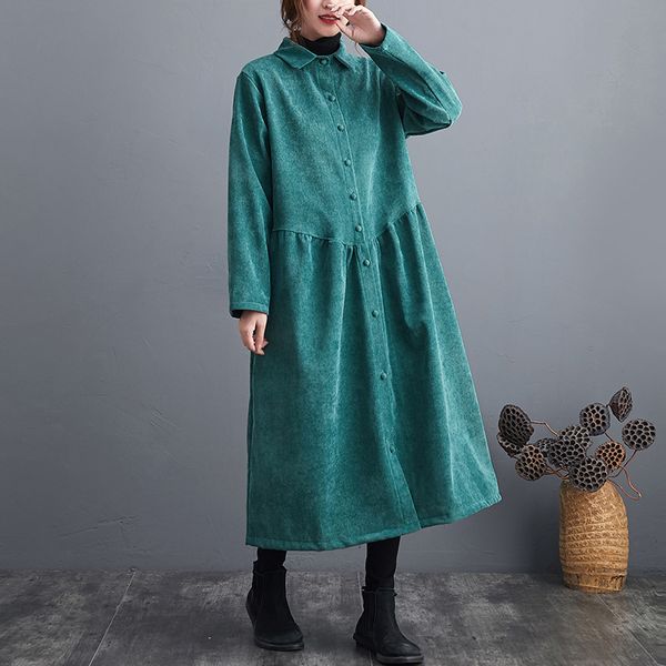 

johnature women corduroy thick trench solid color turn-down collar button coats autumn warm high waist vintage trench 210521, Tan;black