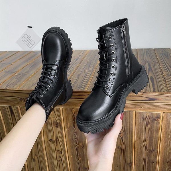 

boots black platform combat ankle for women lace up buckle strap woman shoes biker