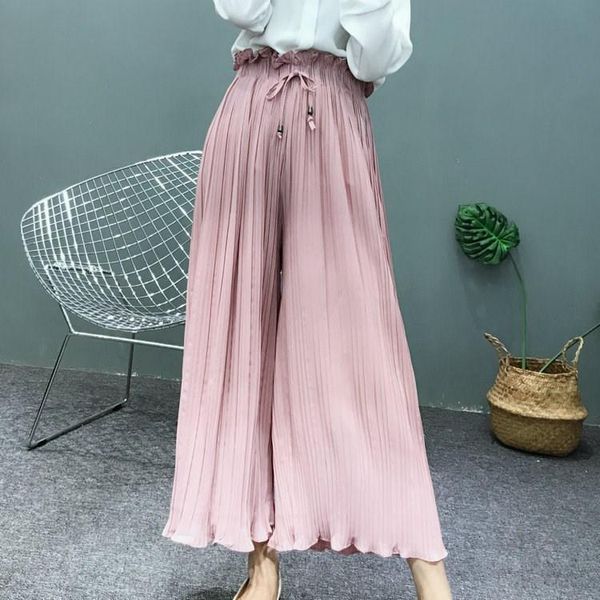 

women's pants & capris summer women high waist black wide leg casual chiffon trousers solid loose pleated, Black;white