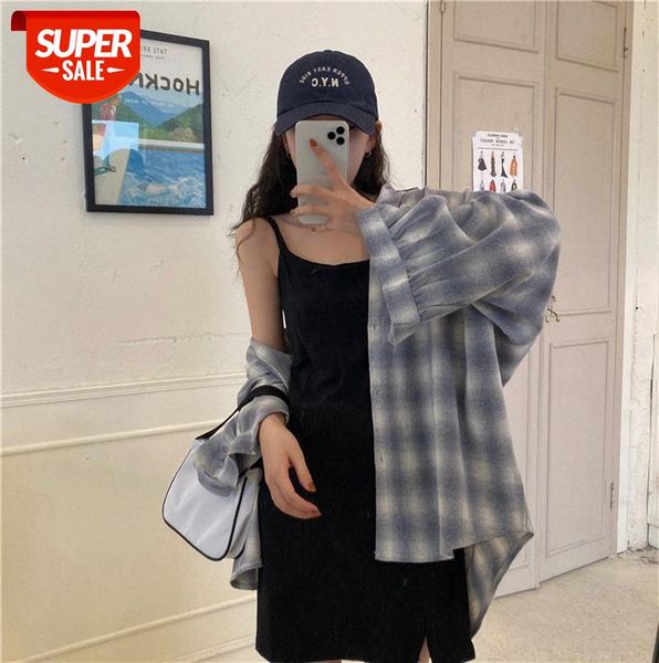 

casual wild simple loose plaid lapel long-sleeved shirt + split sling skirt #js41, Black