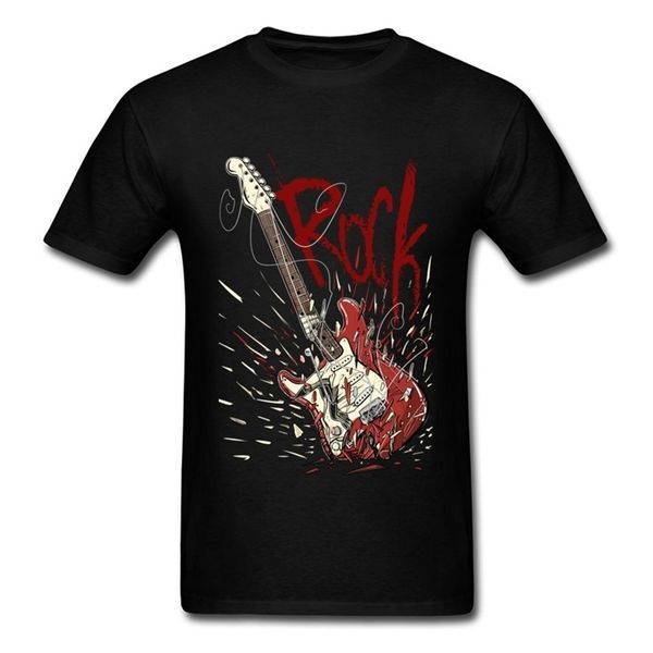 Crazy Rock Homens Preto T-Shirt Guitarra Quebrado Imprimir Guitarra Manga Curta Tshirt Tarefa de Música Team Top Custom Company 210409