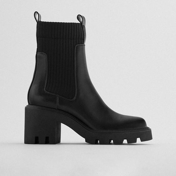

boots chunky heel ankle women for black leather knitted sock fashion platform shoes