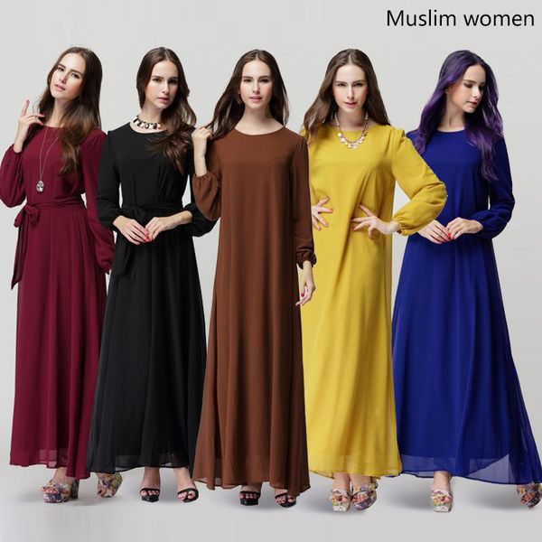 

casual dresses 2021 muslim long plus size women's dress loose sleeve belt solid color pullover robe, Black;gray