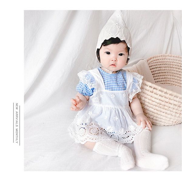 

rompers wholesale spring korean style baby girl2-pcs sets bodysuit blue plaid jumpsuit +lace sling born clothes e2120 dxnu