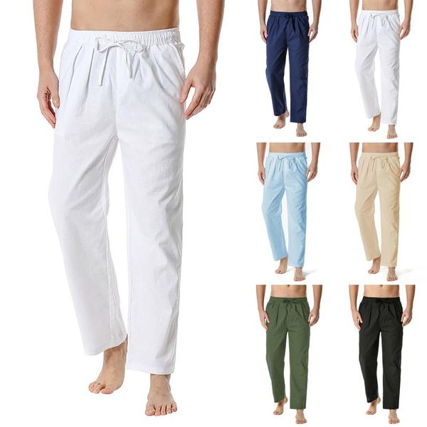 

men's pants fashion men's cotton-linen trousers loose solid color casual harajuku streetwear lightweight elastic waist, Black