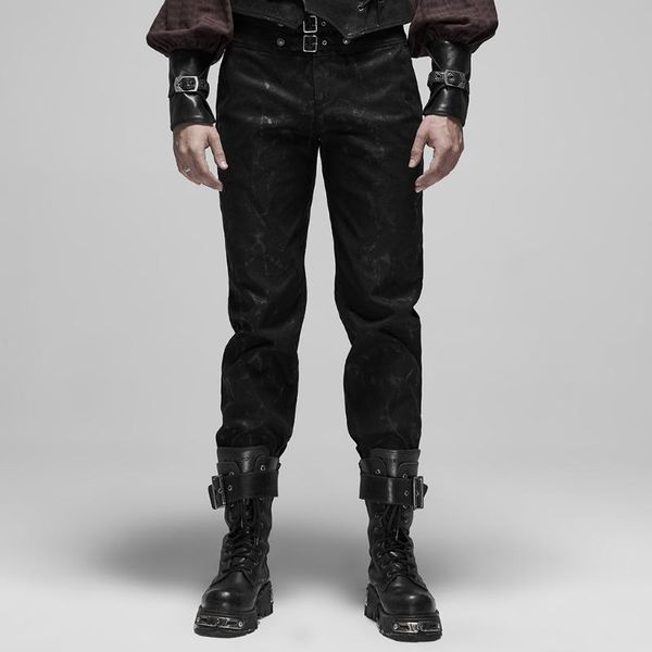 

punk gothic metal adjusting button mid-low waist men straight trousers men's steampunk mottled stripes pants rave, Black