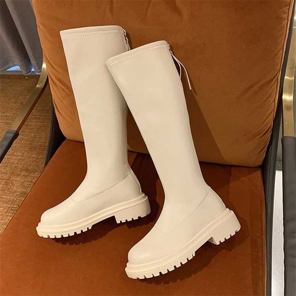 2022 Marke Damen Winterstiefel Lange Kniehohe Luxus Chelsea Plateauschuhe Reißverschluss Runde Zehe Chunky Oberschenkel Hohe Stiefel Zapatos 211116