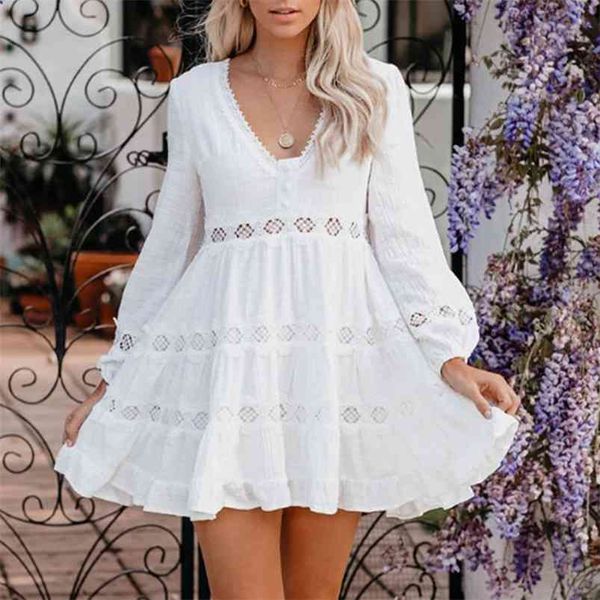 

hollow out white autumn party dress women v neck casual long sleeve lace spliced short s button 210427, Black;gray