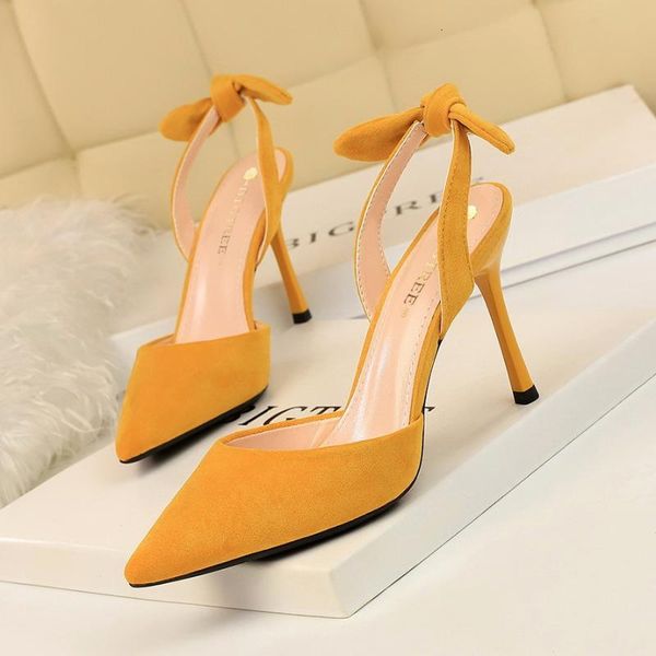 

sandals korean fashion fine super high heels suede shallow mouth tip hollowed-out after strappy small bow 912e, Black