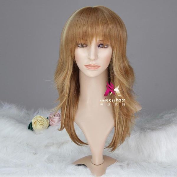 

fashion fashion wig qi bangs long curly beige highlight dyed brown ball, Black
