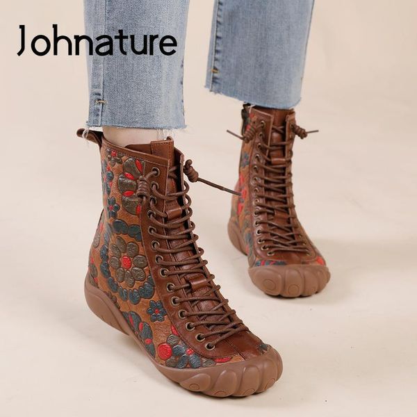 

boots johnature lace-up retro shoes women genuine leather round toe flat with print 2021 sewing handmade platform, Black