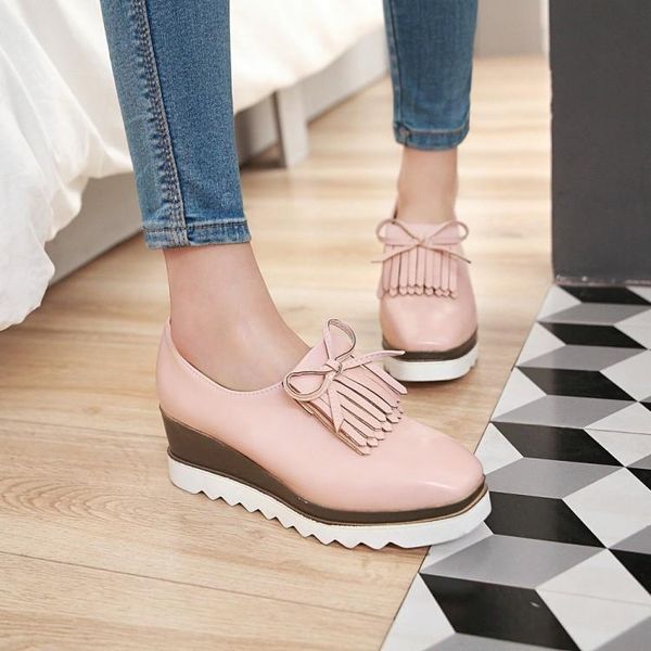 

dress shoes pxelena wedge high heel platform women tassel bowknot slip on boat oxfords british comfort casual loafers plus size, Black