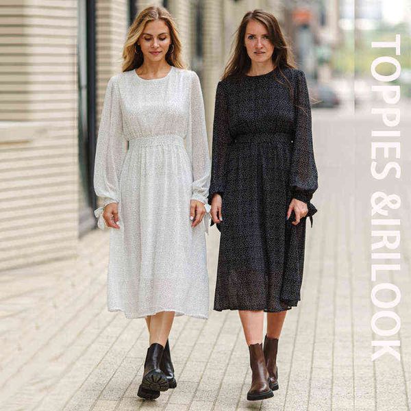 

ies 2021 fashion women's dress o neck casual polka dot print chiffon elegant dress chic long sleeve femme dress g1223, Black;gray