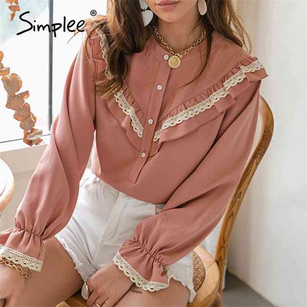 

simplee solid short long sleeve shirt o-neck ruffled spring autumn women blouse casual fashion lace buttoned office lady shirt 210401, White