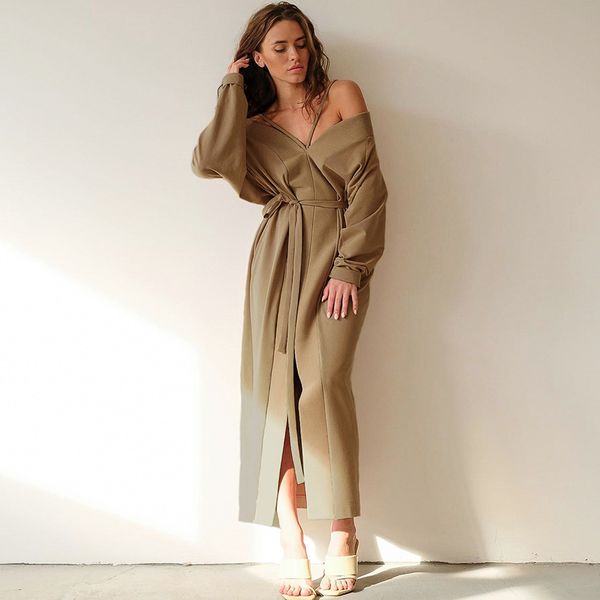 

winter autumn dress women slash neck leaky shoulder strap long knitted dress split long sleeve dress vestidos 210521, Black;gray