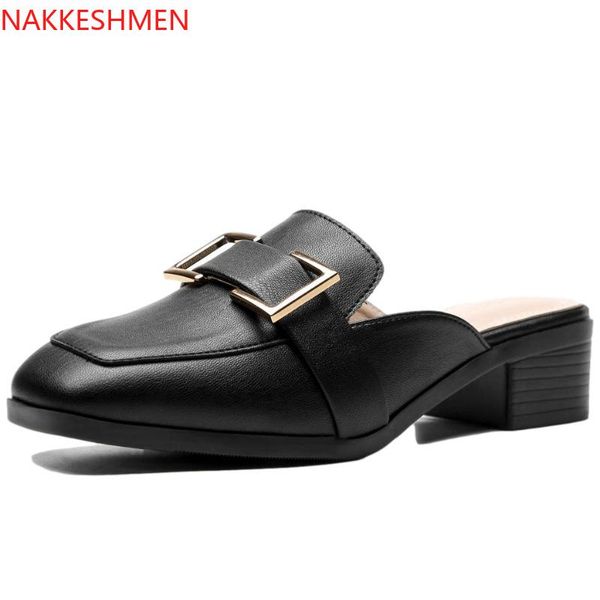 

nakkeshmen-2021 muller shoes soft leather casual shoe slippers women wear square head thick heels with sandal, Black