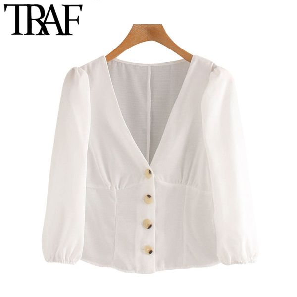 ONKOGENE Frauen Mode Büro Tragen Button-up Blusen Vintage V-ausschnitt Halbarm Weibliche Shirts Blusas Chic Tops 210415