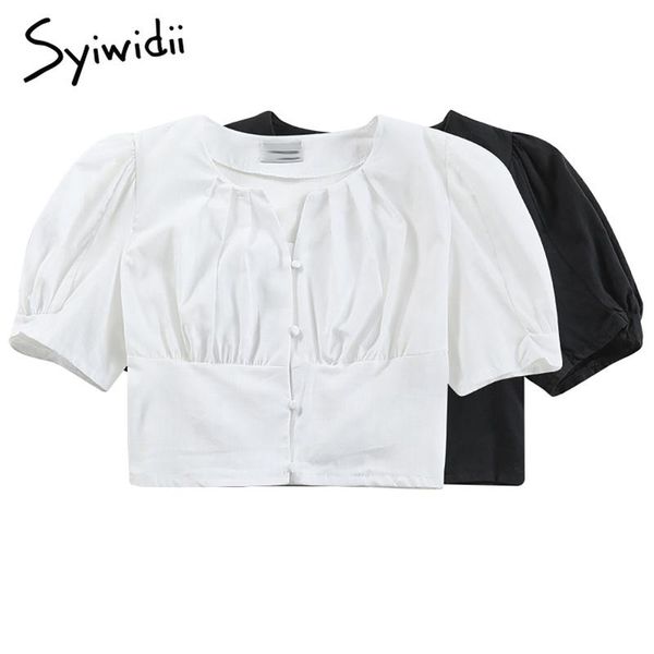 

women's blouses & shirts syiwidii button up for women korean fashion vintage puff short sleeve ladies v-neck summer 2021 white