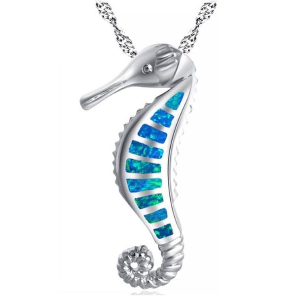 

trendy silver color blue opals choker necklace women seahorse animal chain pendant necklaces boho charms bijoux