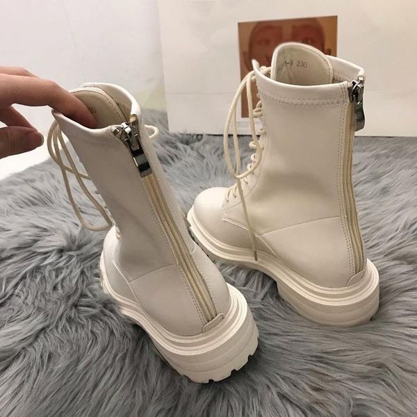 

boots ladies zip thick heels pu women's leather mid calf round toe fashion lace up platform femlae footwear comfortable, Black