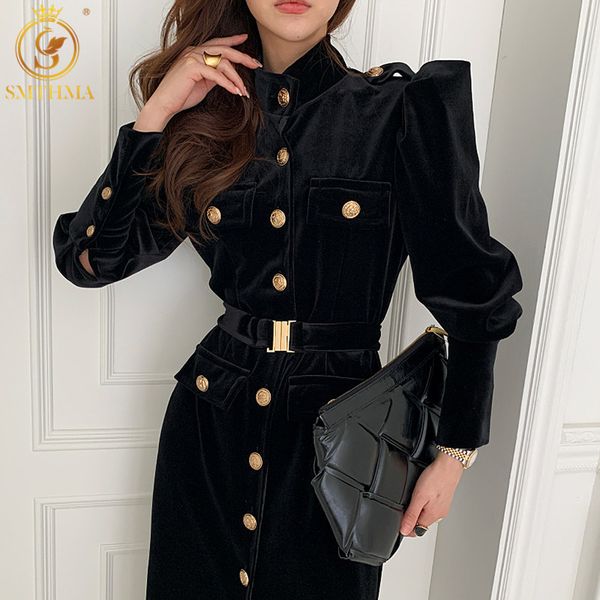 

spring korea chic elegant stand collar women black velvet dresses female puff sleeve single-breasted with belted midi vestidos 210520, Black;gray