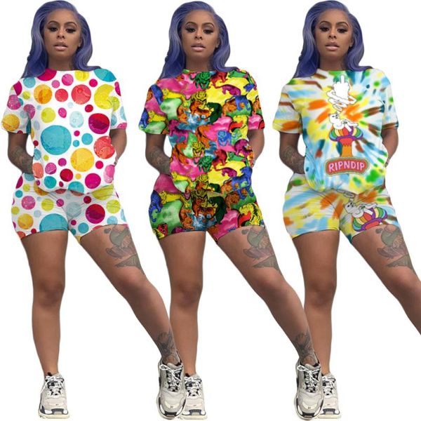 

women's tracksuits two-piece summer shorts suit fashion personality short sleeve printed casual sports, Gray