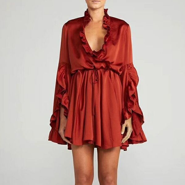 

a line red and black ruffled flare sleeve women dresses lace up high waist mini dress female autumn fashion holidy clothes, Black;gray