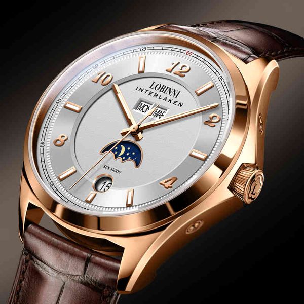 

switzerland luxury brand lobinni automatic mechanical men's watch multi-function sapphire luminous hands moon phase clock l18016, Silver