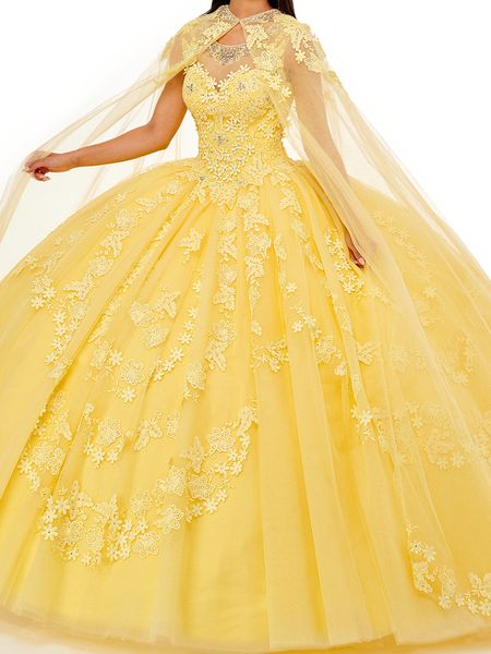 Olho pegando amarelo vestido de baile de baile quainceanera vestido grande boné organza com miçangas florais applique