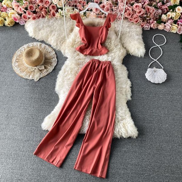 

summer fashion style ruffled blouse slim temperament short vest two-piece suit high waist drape casual pants 461 women's two piece, White