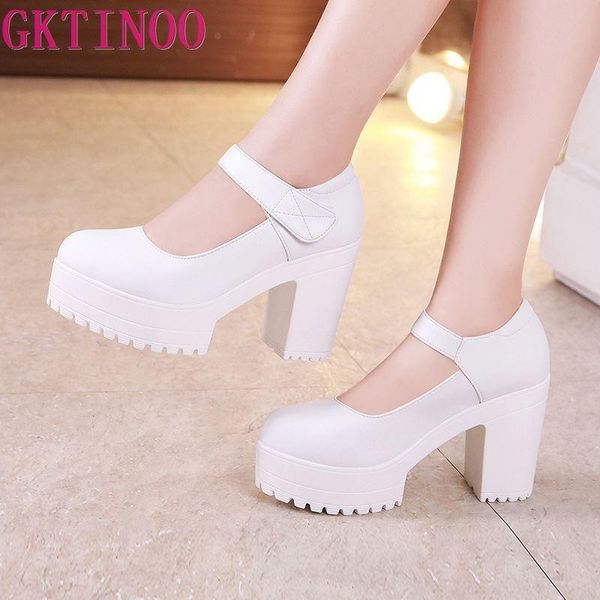 

dress shoes gktinoo block heel platform leather women pumps 2021 spring wedding high heels office party shoe plus size 33-43, Black