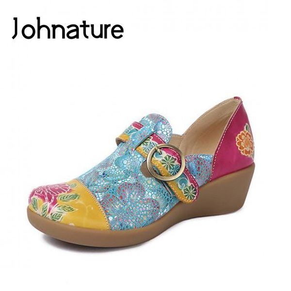 

dress shoes johnature genuine leather round toe spring/autumn wedges casual slip-on retro flower national style women pumps, Black