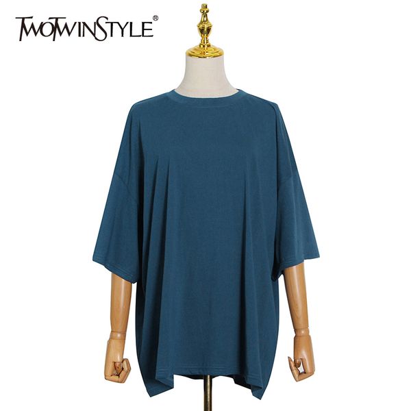 

twowinsyle casual blue shirt for women o neck short sleeve loose minimalist shirts female summer fashion clothing 210524, White