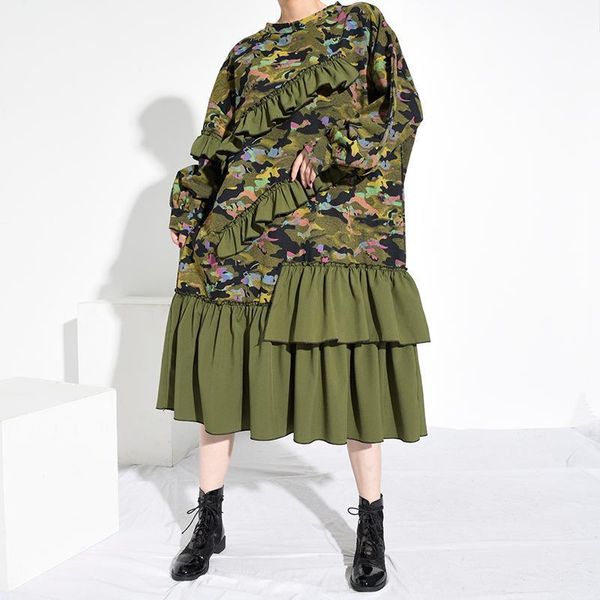 

casual dresses [eam] women army green ruffles big size long dress round neck sleeve loose fit fashion tide spring autumn 1z4791 qjty, Black;gray