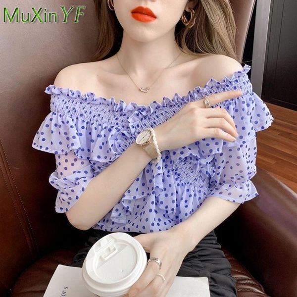 Frauen blusen shirts chiffon schulter top sommer frauen 2021 dame koreanische anmutige hauchhülse rüschen mode polka dot blauer pullover