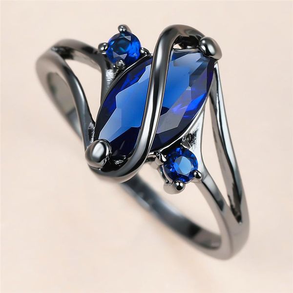 

Vintage Female Blue Crystal Thin Ring Charm 14KT Black Gold Wedding Rings For Women Luxury Bride Leaf Zircon Engagement, Slivery;golden