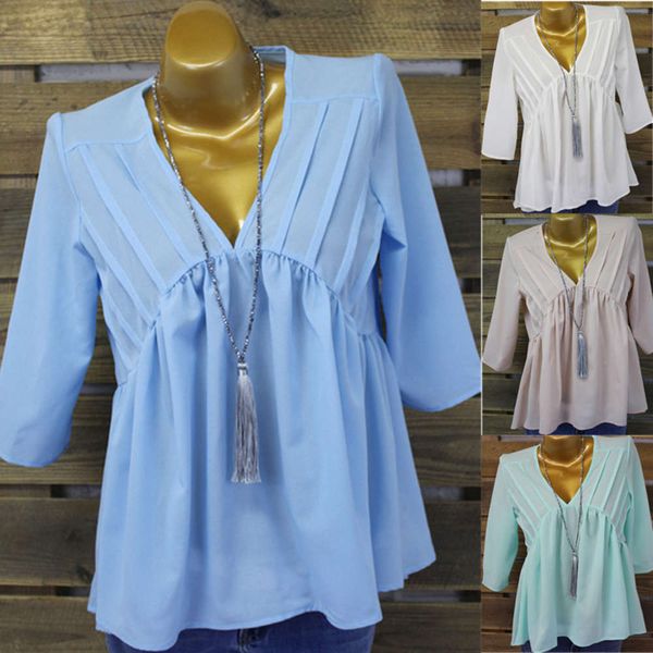 

women's t-shirt spring solid v-neck chiffon shirt s-5xl 1rhv, White