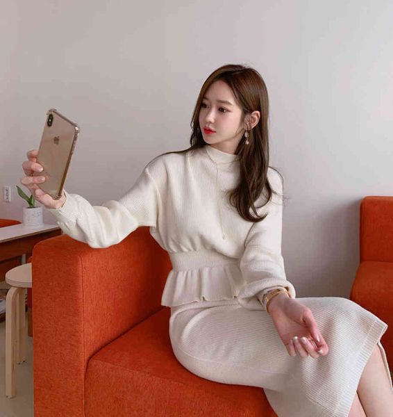 

dresses autumn winter knitted o-neck sweater and skirts 2 sets women two piece high waist bag hip skirt, White