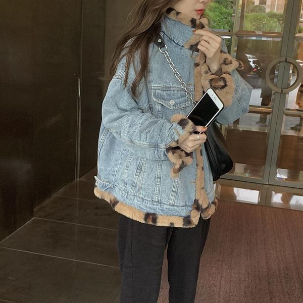 

women's jackets leopard fur denim coat two sides wear bomber jeans jacket women korean harajuku ins student gothic skirts hippie autumn, Black;brown